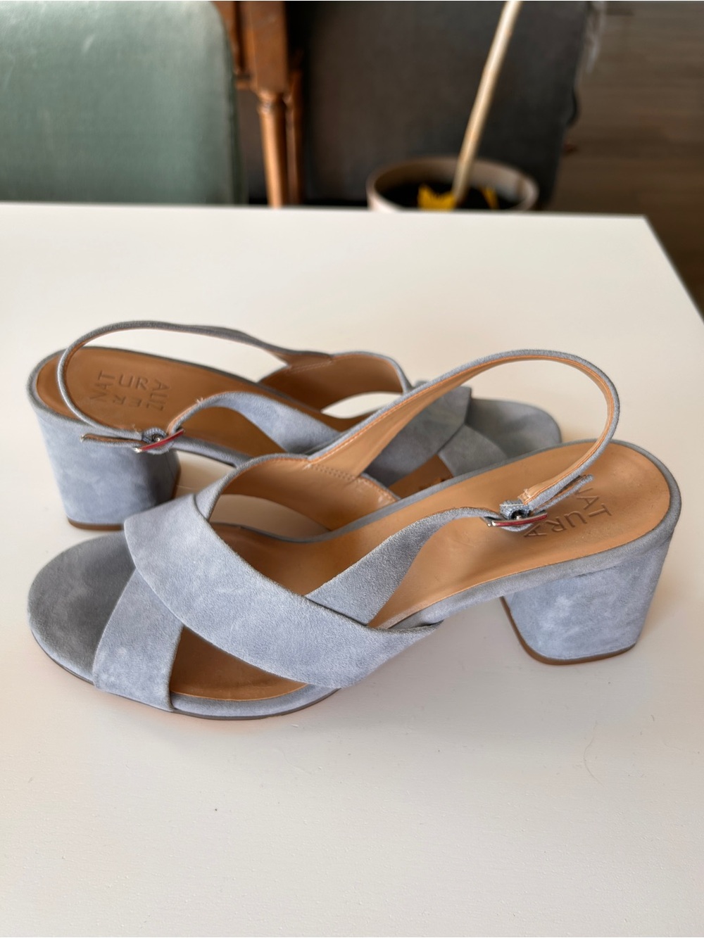 Naturalizer Light Blue Suede Cross-Strap Slingback Block Heels